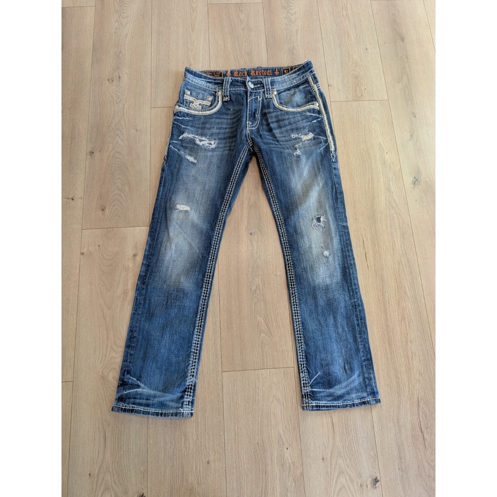 Rock Revival Tyme Jeans Men 32x31 Slim Straight Leg Thick Stitch Distressed